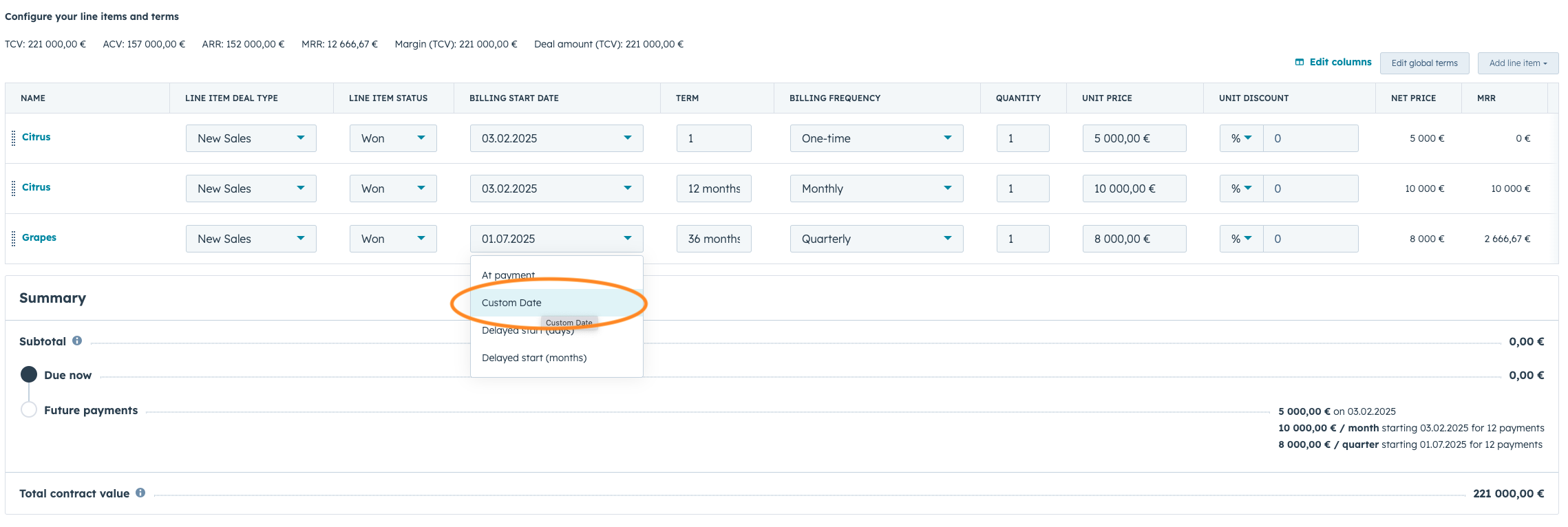 HubSpot line item setup in Dear Lucy showing unit price, billing start date, billing frequency, term, and quantity fields for recurring revenue reporting.